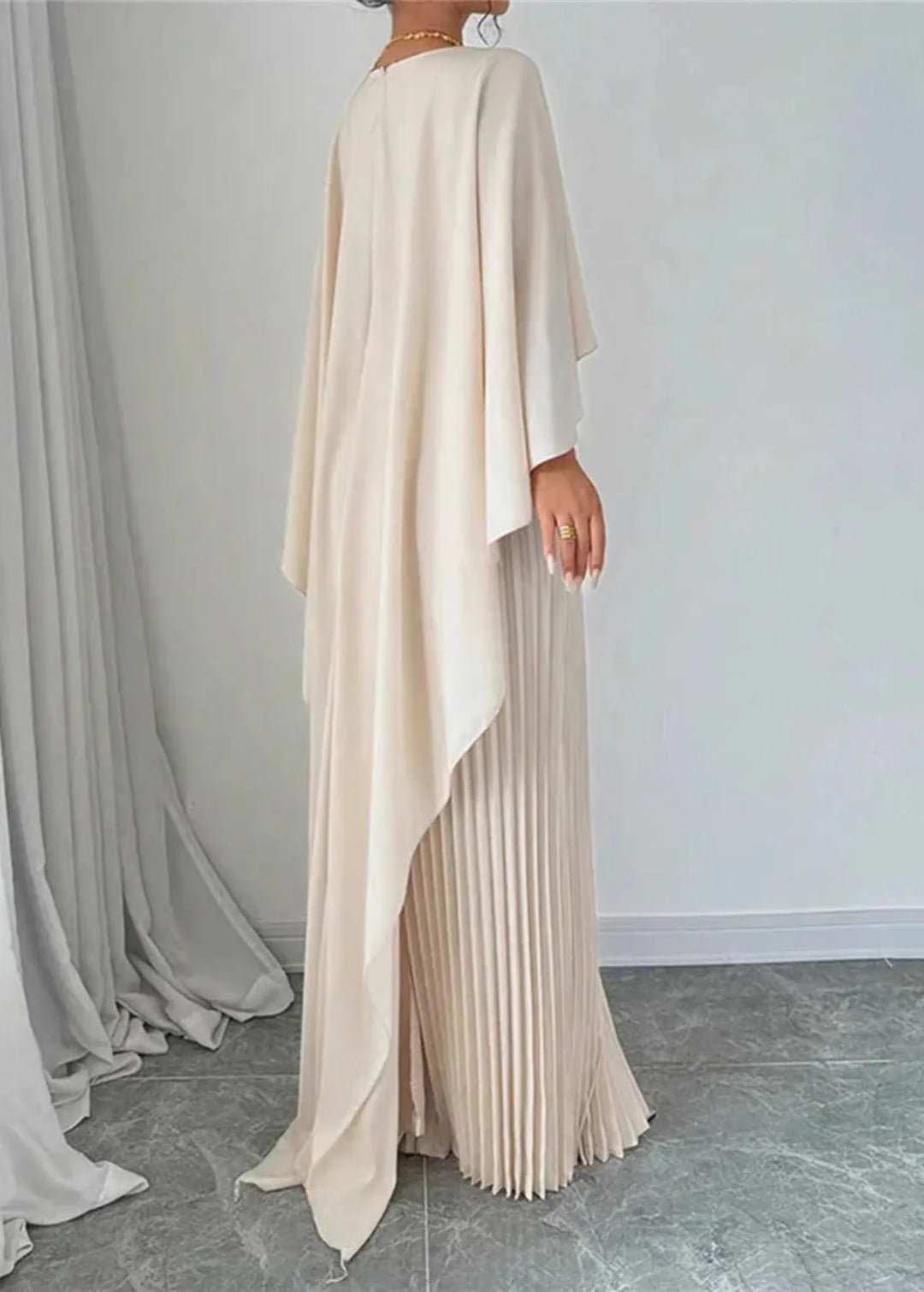 Makayla | Women’s Wedding Guest Pleated Cape Maxi Dress