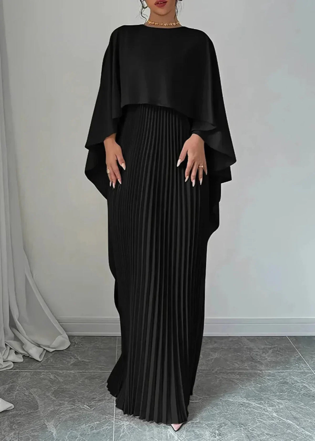 Makayla | Women’s Wedding Guest Pleated Cape Maxi Dress