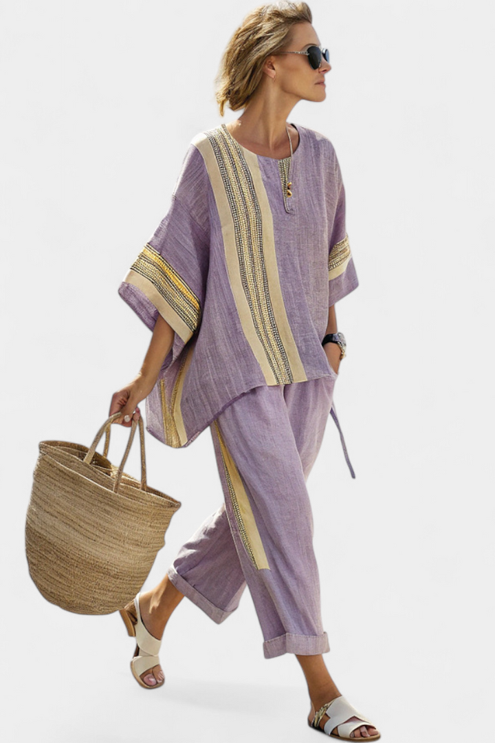 Elowric | Elegant Lavender Top &amp; Mustard Striped Pants