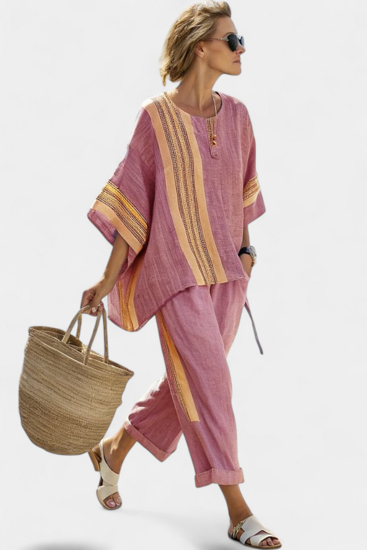Elowric | Elegant Lavender Top &amp; Mustard Striped Pants