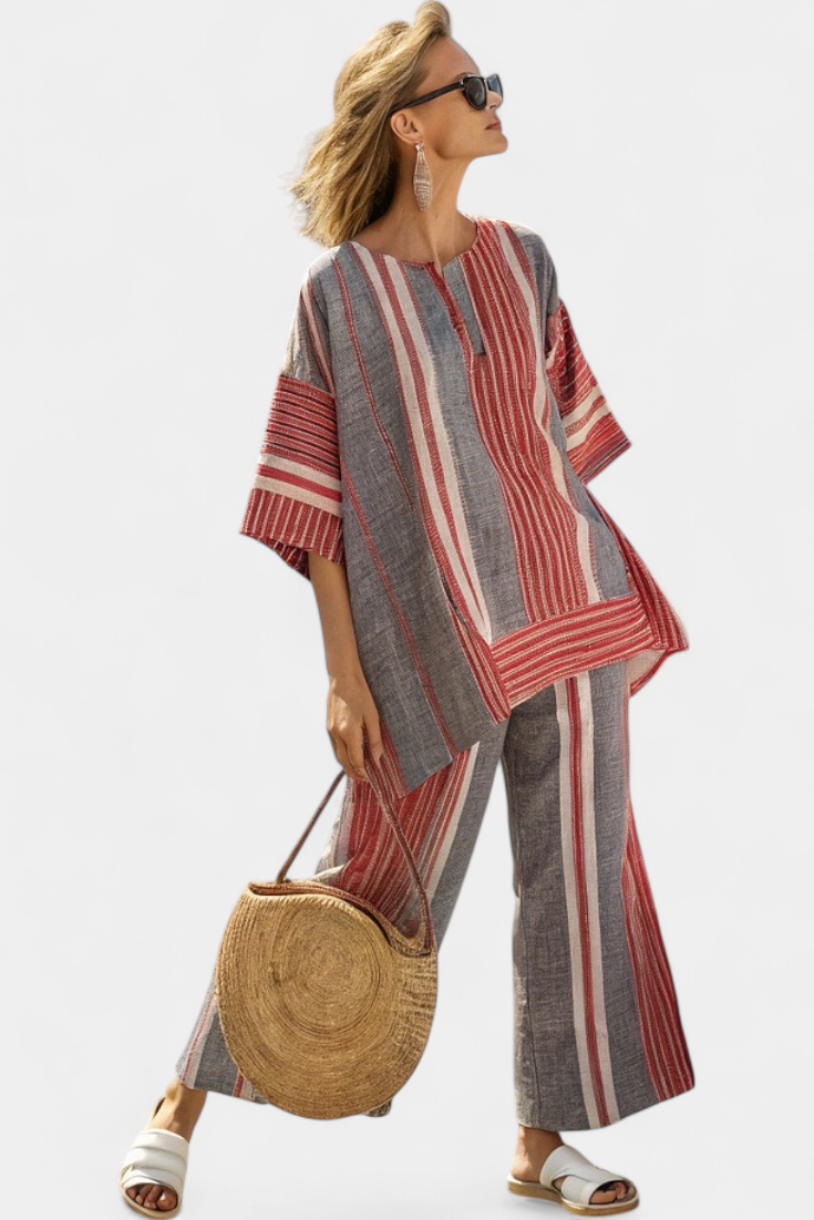 Bravine | Elegant Coral-Gray Linen Top &amp; Wide-Leg Pants