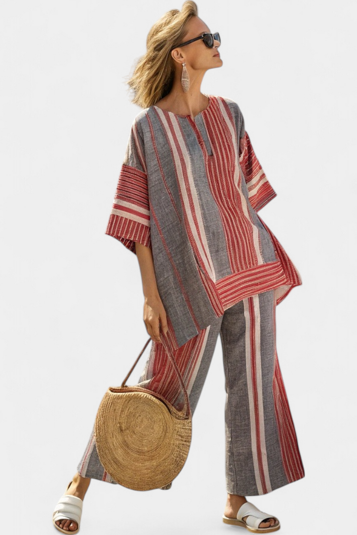 Bravine | Elegant Coral-Gray Linen Top &amp; Wide-Leg Pants