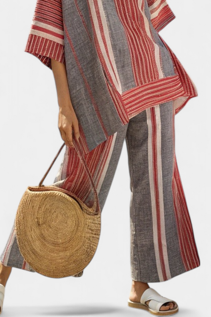 Bravine | Elegant Coral-Gray Linen Top &amp; Wide-Leg Pants