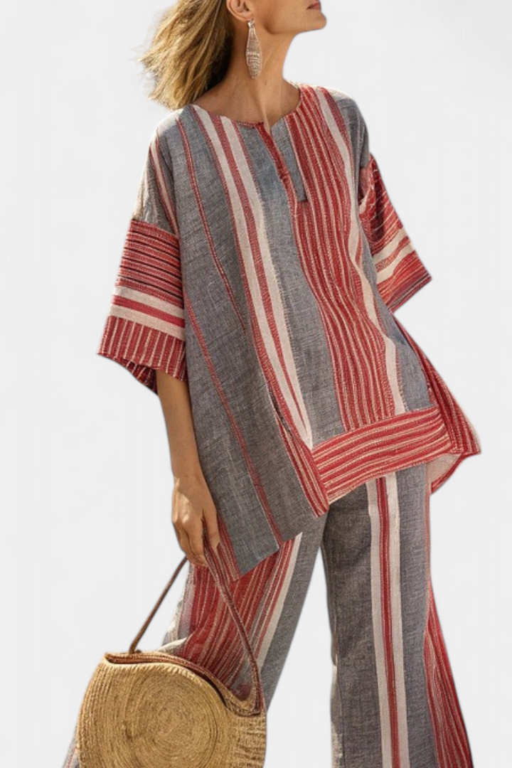 Bravine | Elegant Coral-Gray Linen Top &amp; Wide-Leg Pants
