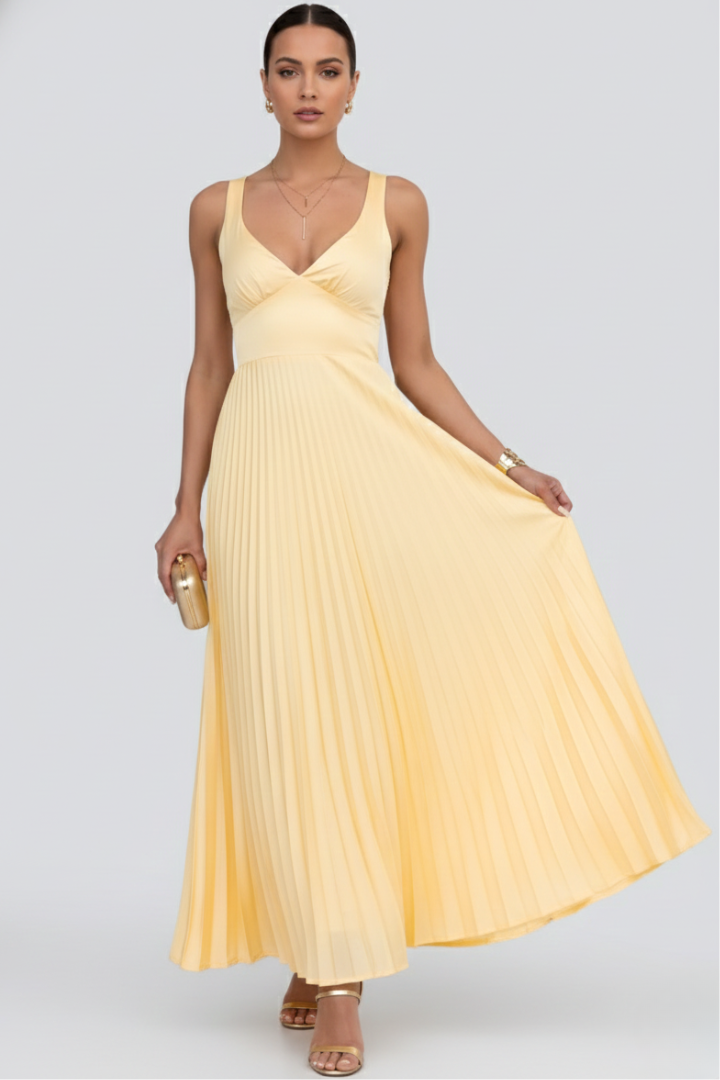 Fiona | Women’s V-Neck Pleated Skirt Maxi Dress