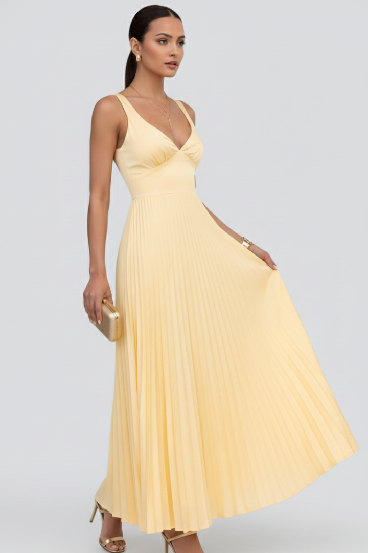 Fiona | Women’s V-Neck Pleated Skirt Maxi Dress