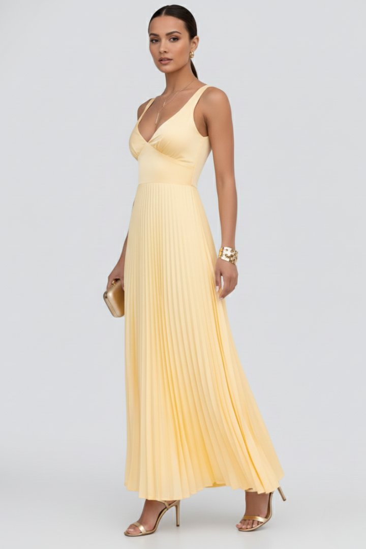 Fiona | Women’s V-Neck Pleated Skirt Maxi Dress