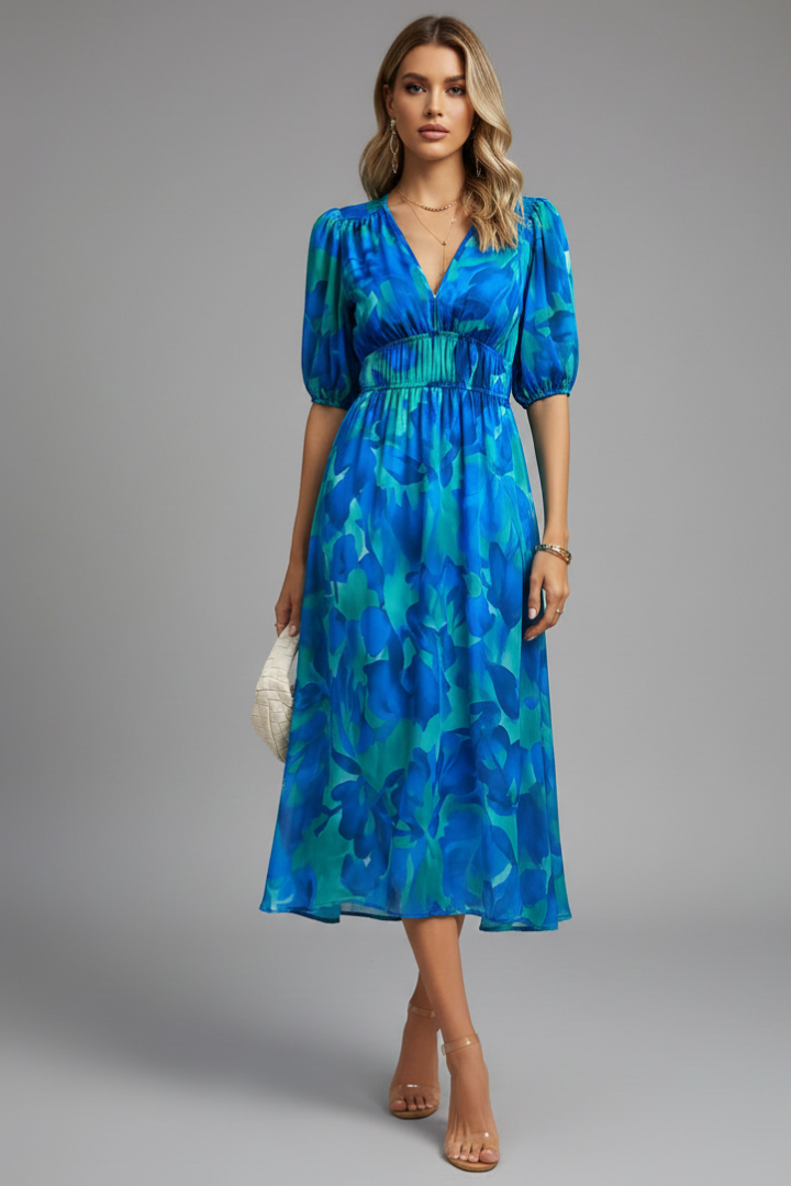 Bianca | Women’s Floral Puff Sleeve V-Neck Midi Dress