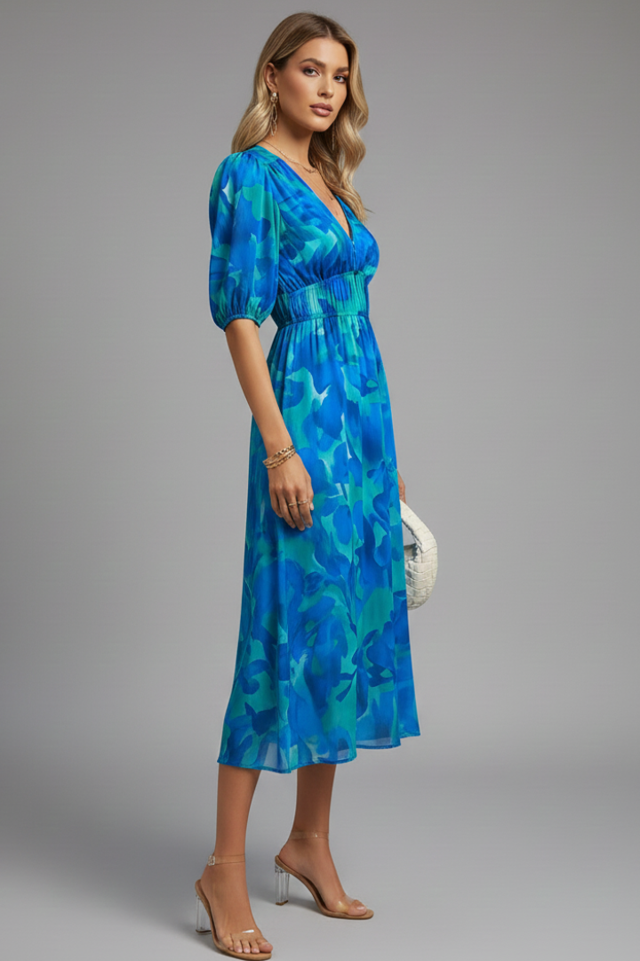 Bianca | Women’s Floral Puff Sleeve V-Neck Midi Dress