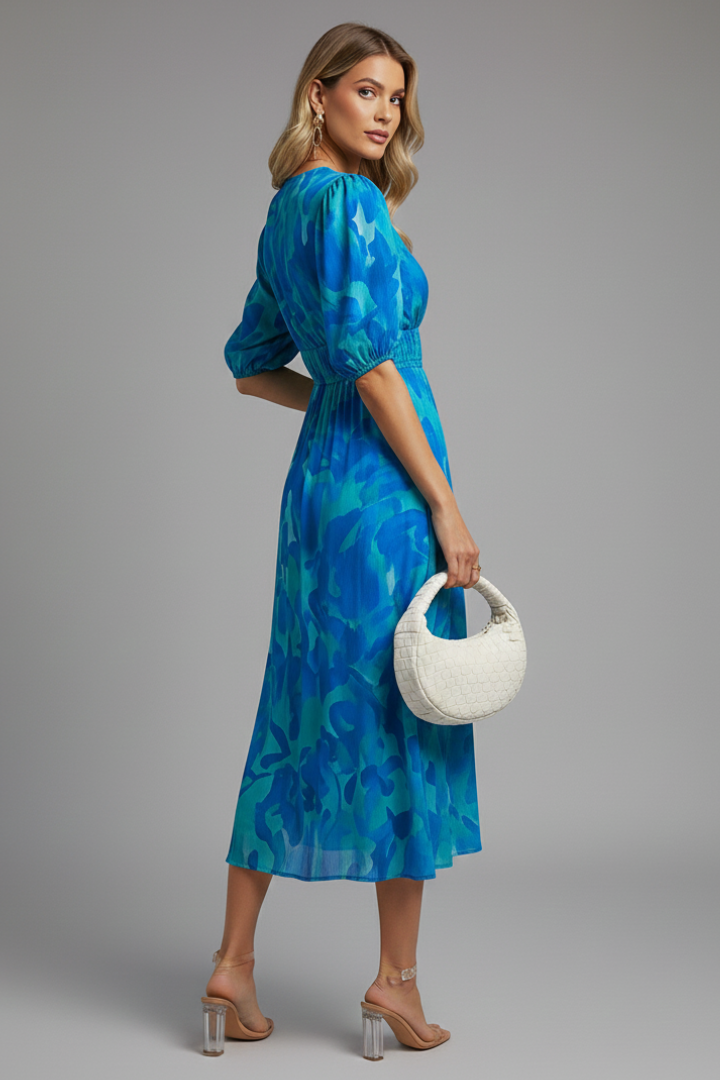 Bianca | Women’s Floral Puff Sleeve V-Neck Midi Dress