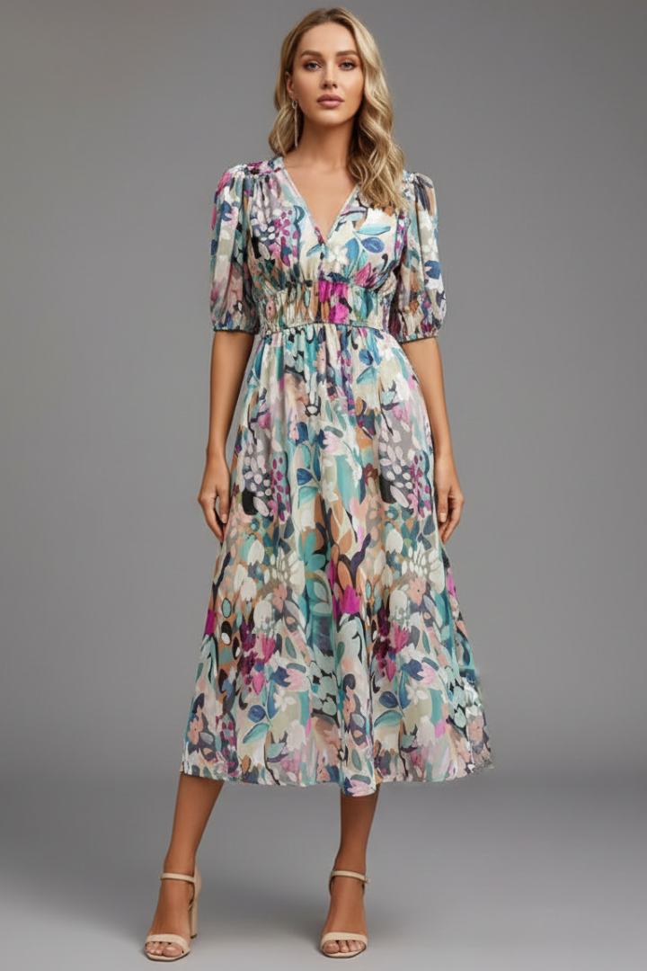 Bianca | Women’s Floral Puff Sleeve V-Neck Midi Dress