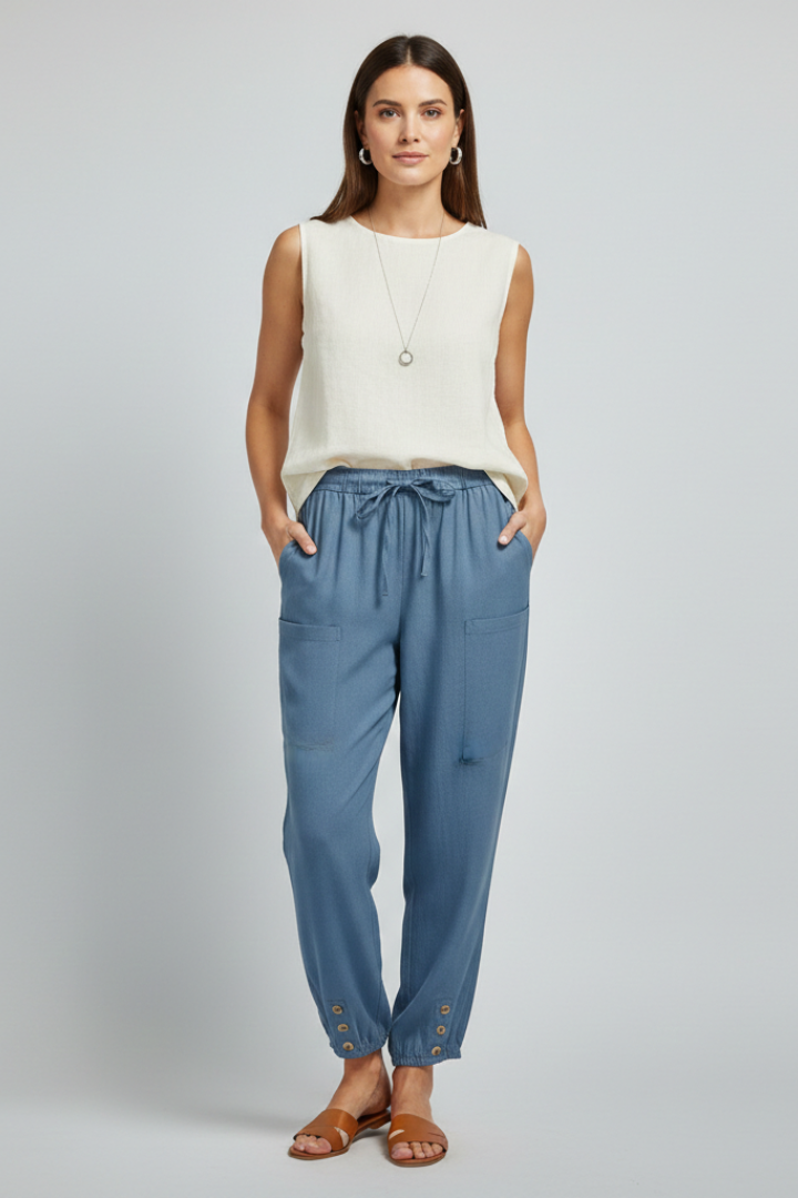 Anna | Women’s Pants with Drawstring Waist and Button Hem