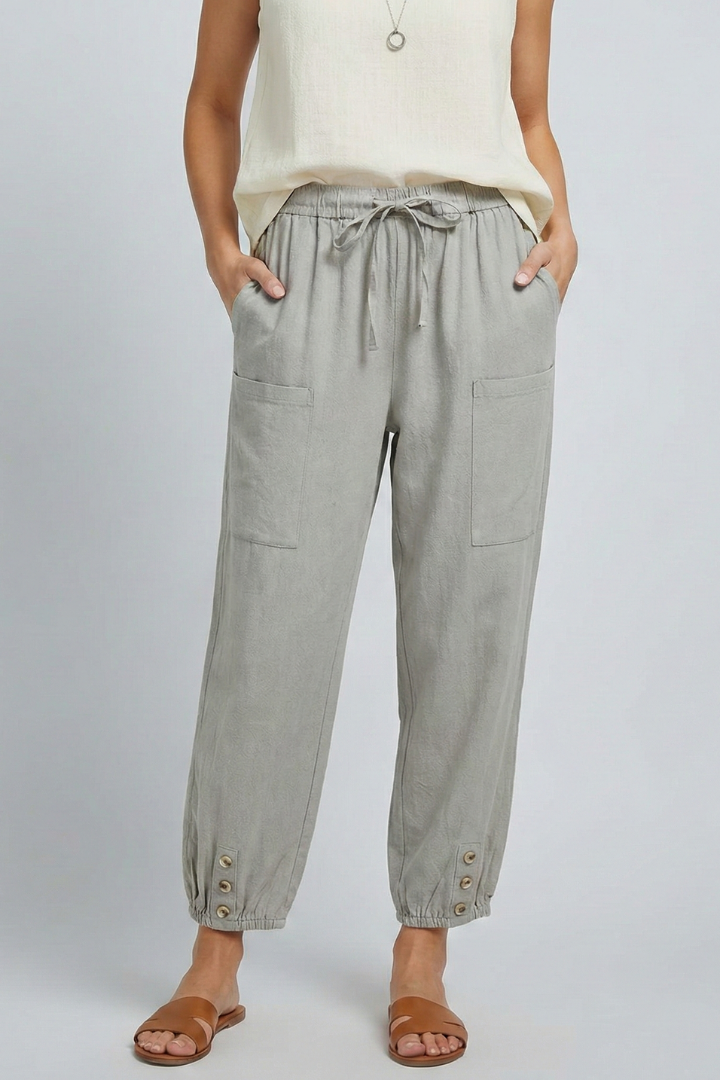 Anna | Women’s Pants with Drawstring Waist and Button Hem