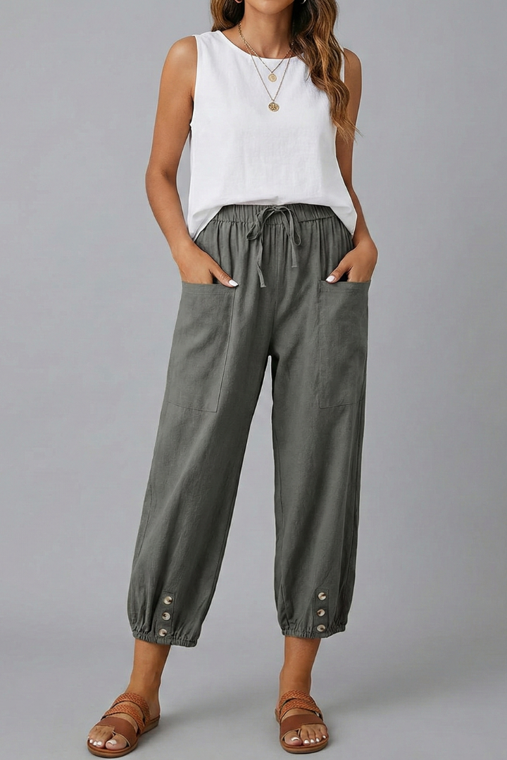 Anna | Women’s Pants with Drawstring Waist and Button Hem