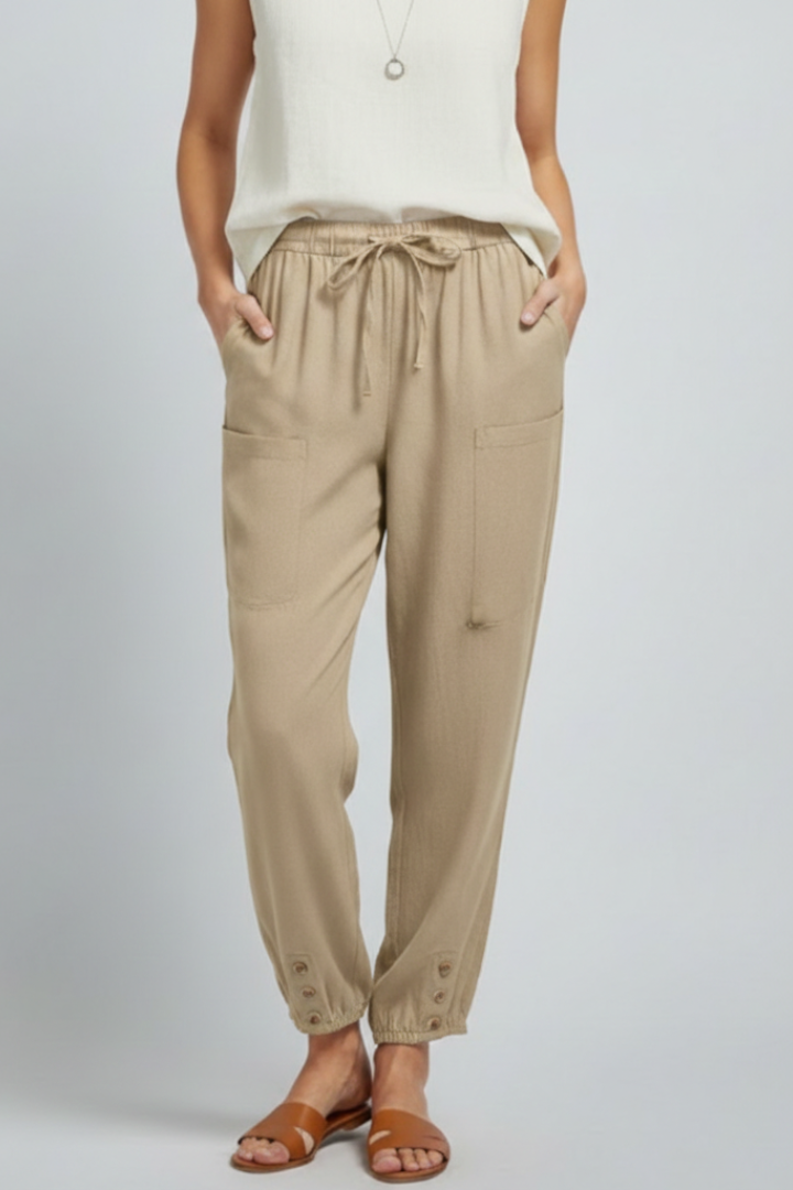 Anna | Women’s Pants with Drawstring Waist and Button Hem
