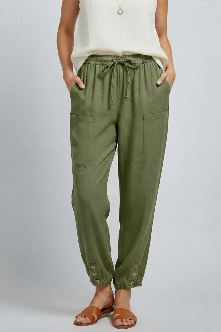 Anna | Women’s Pants with Drawstring Waist and Button Hem