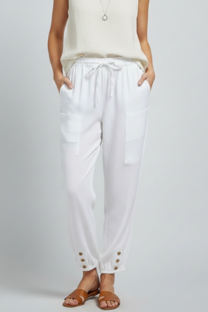 Anna | Women’s Pants with Drawstring Waist and Button Hem