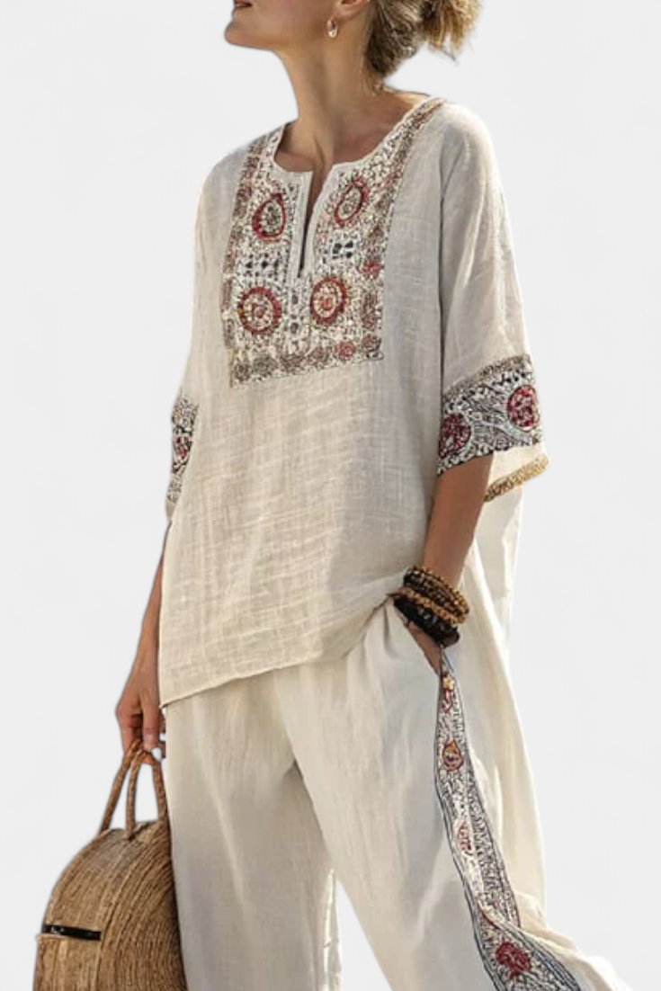 Tameric | Sophisticated Embroidered Raw Blouse &amp; Wide Pants