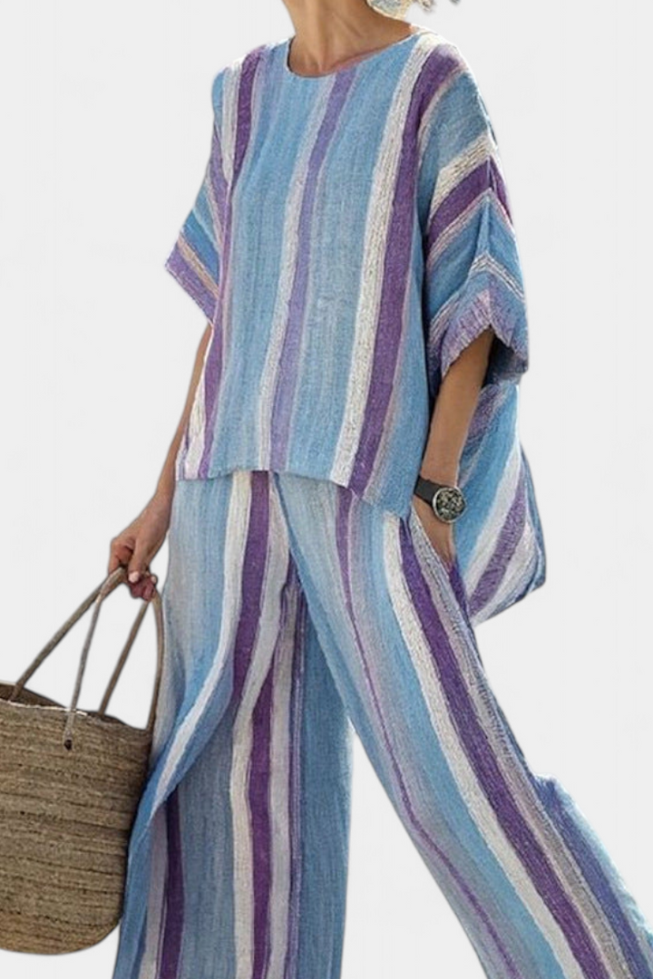 Faelith | Elegant Mauve Pastel Top &amp; Striped Linen Pants