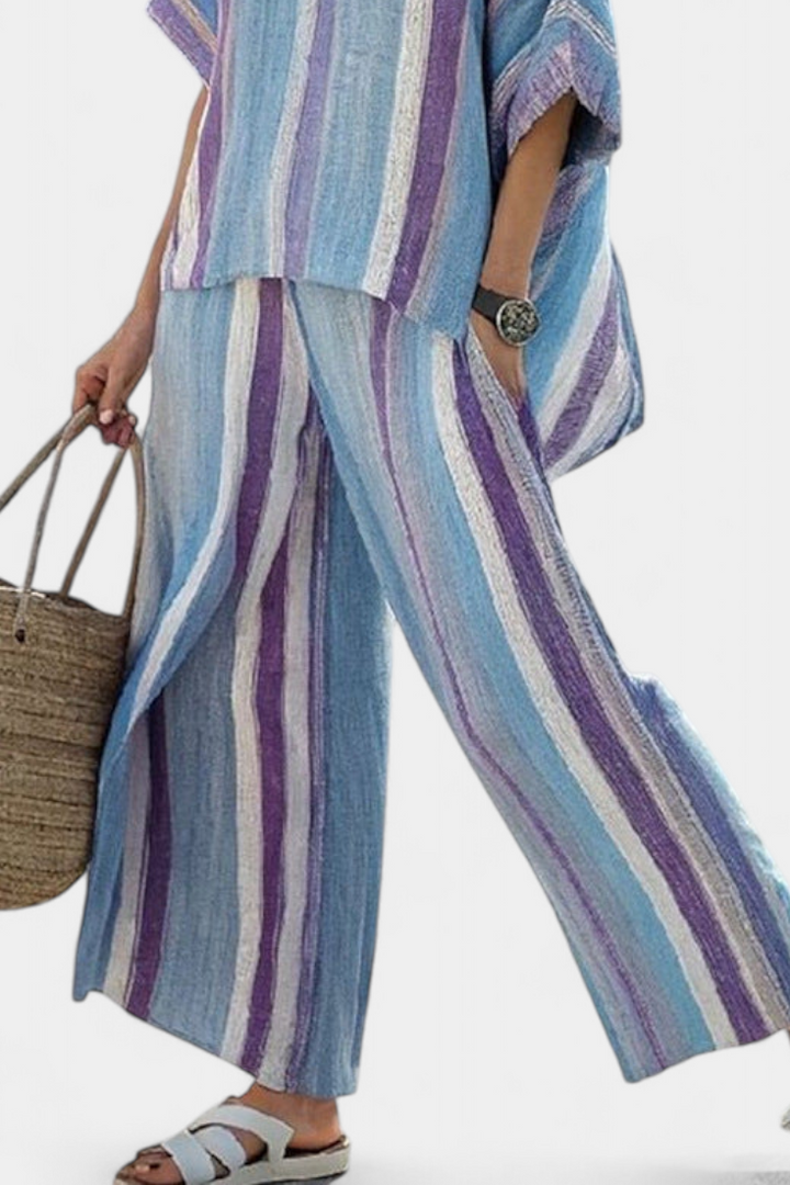 Faelith | Elegant Mauve Pastel Top &amp; Striped Linen Pants