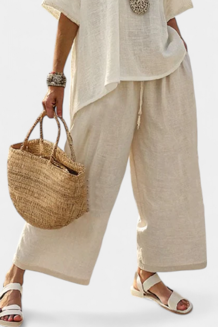 Drevon | Comfortable Minimalist Raw Blouse &amp; Wide-Leg Pants