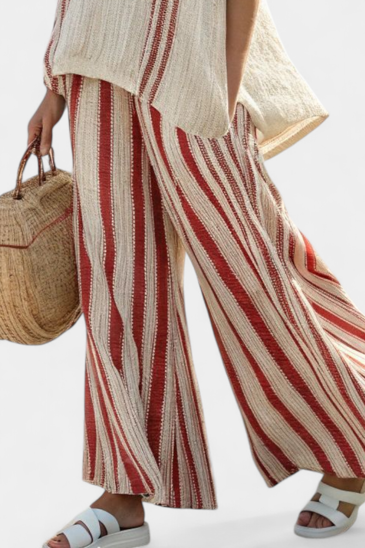 Mirella | Sophisticated Textured Red-Stripe Top &amp; Linen Pants