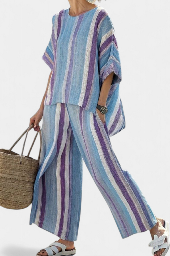 Faelith | Elegant Mauve Pastel Top &amp; Striped Linen Pants