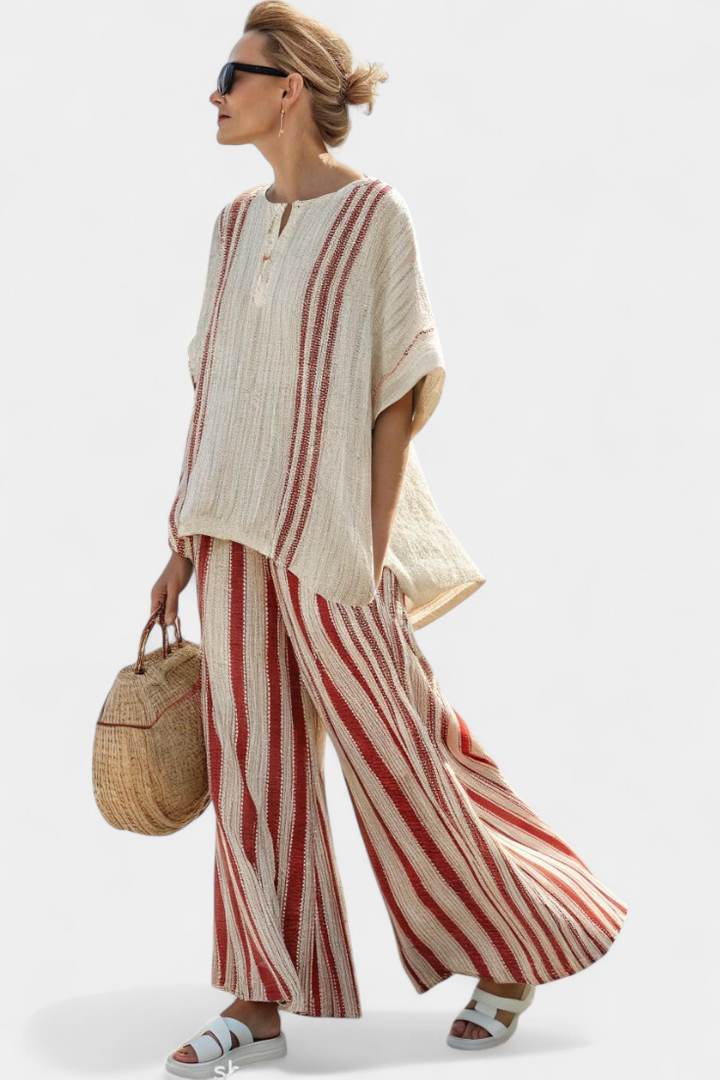 Mirella | Sophisticated Textured Red-Stripe Top &amp; Linen Pants