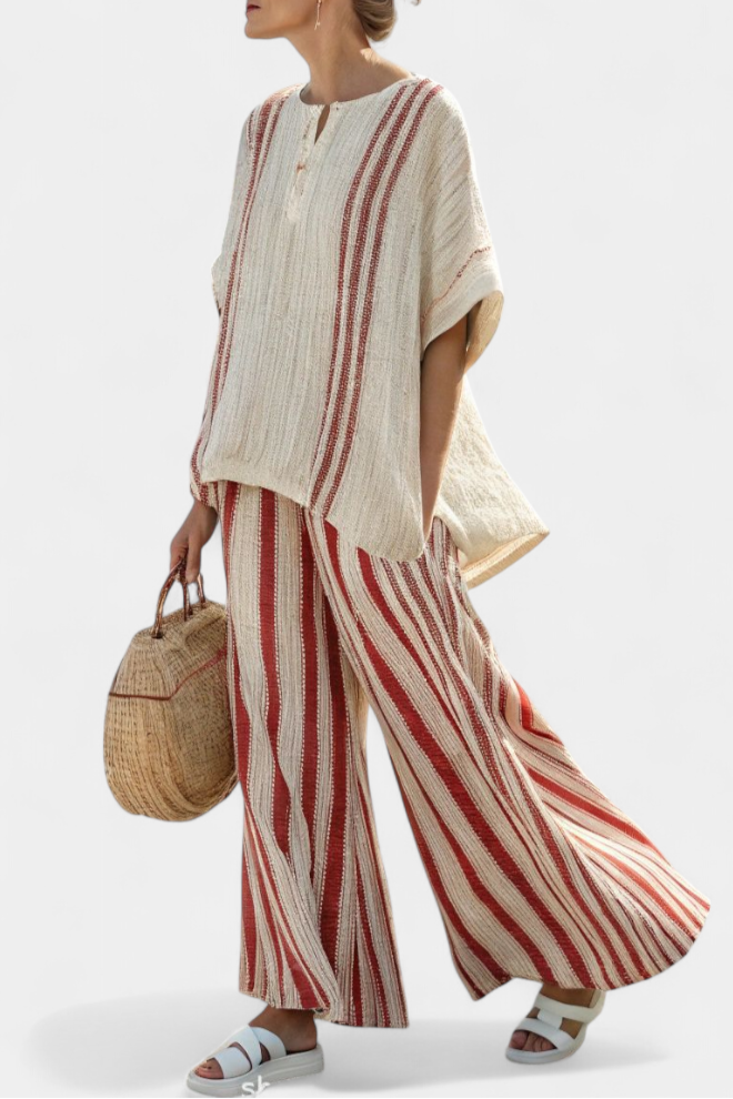Mirella | Sophisticated Textured Red-Stripe Top &amp; Linen Pants
