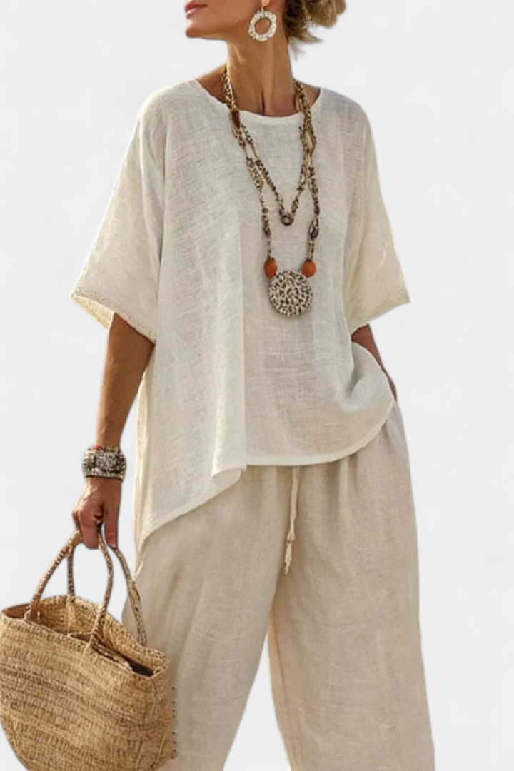 Drevon | Comfortable Minimalist Raw Blouse &amp; Wide-Leg Pants