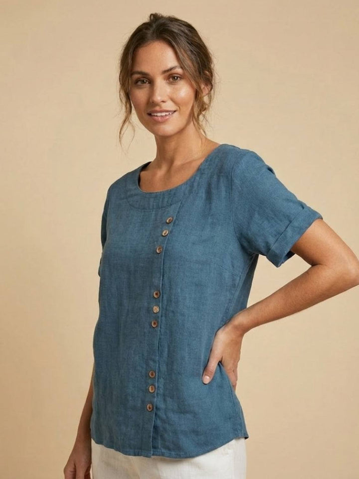 Taylor | Women’s Linen Round Neck Button Blouse