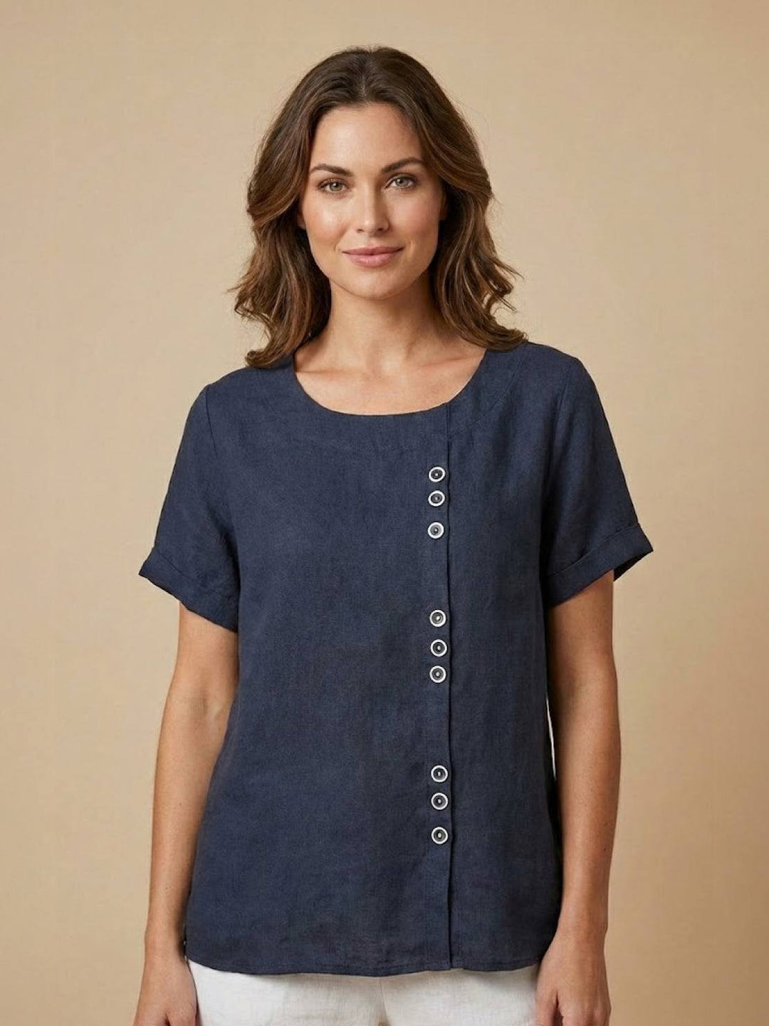 Taylor | Women’s Linen Round Neck Button Blouse