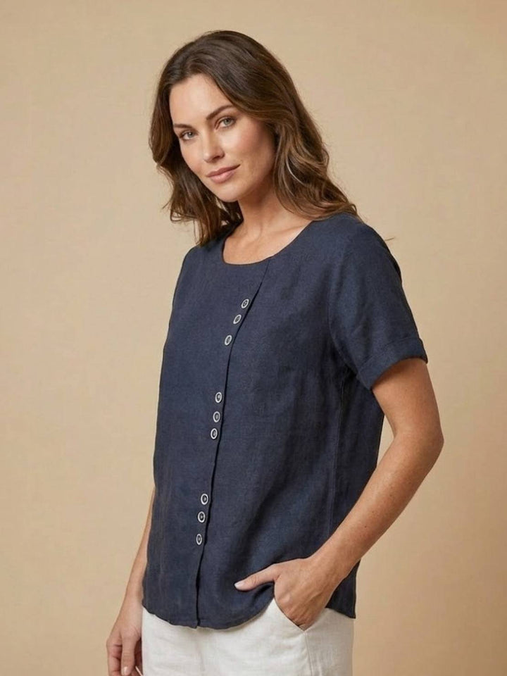 Taylor | Women’s Linen Round Neck Button Blouse
