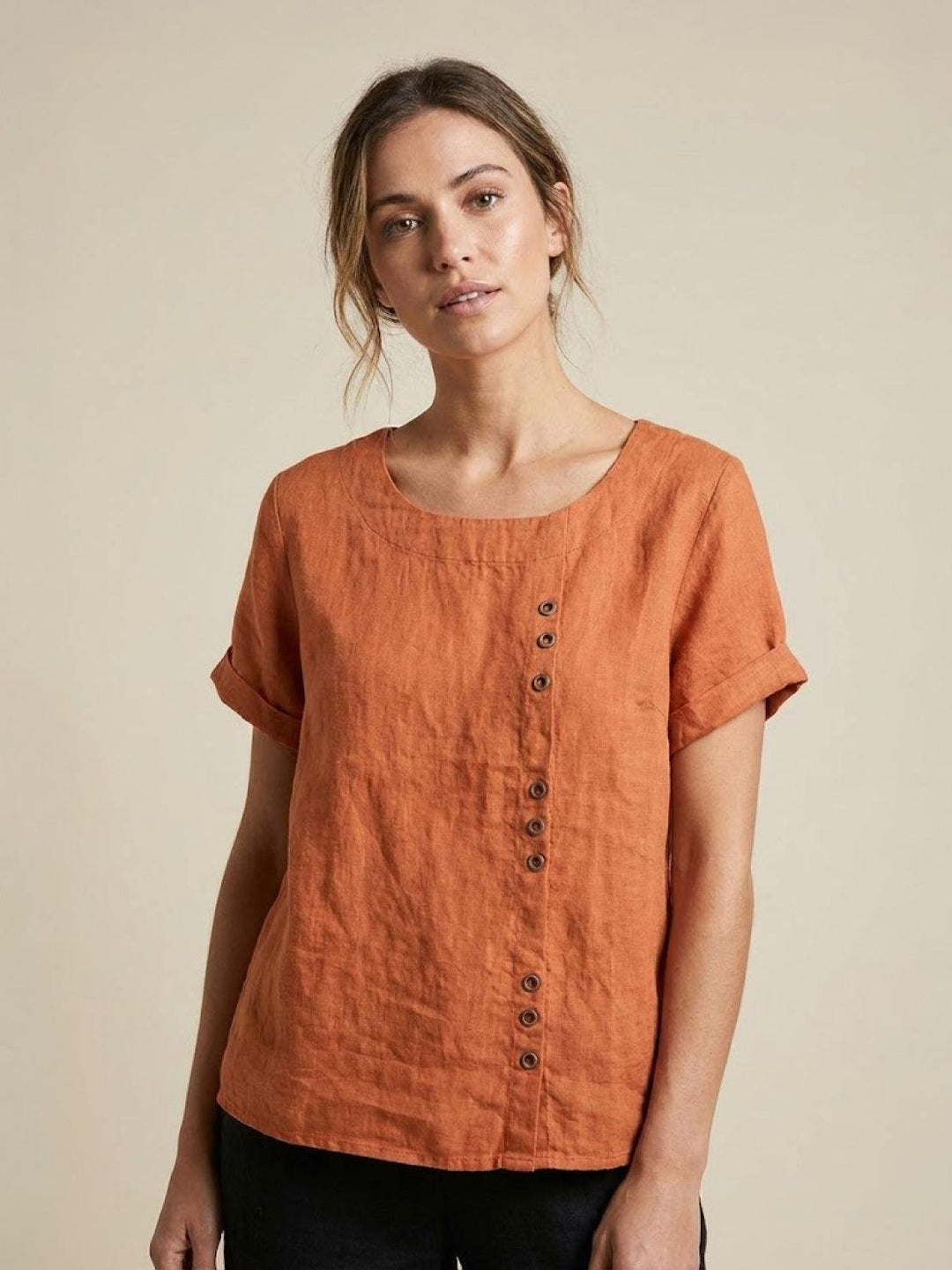 Taylor | Women’s Linen Round Neck Button Blouse