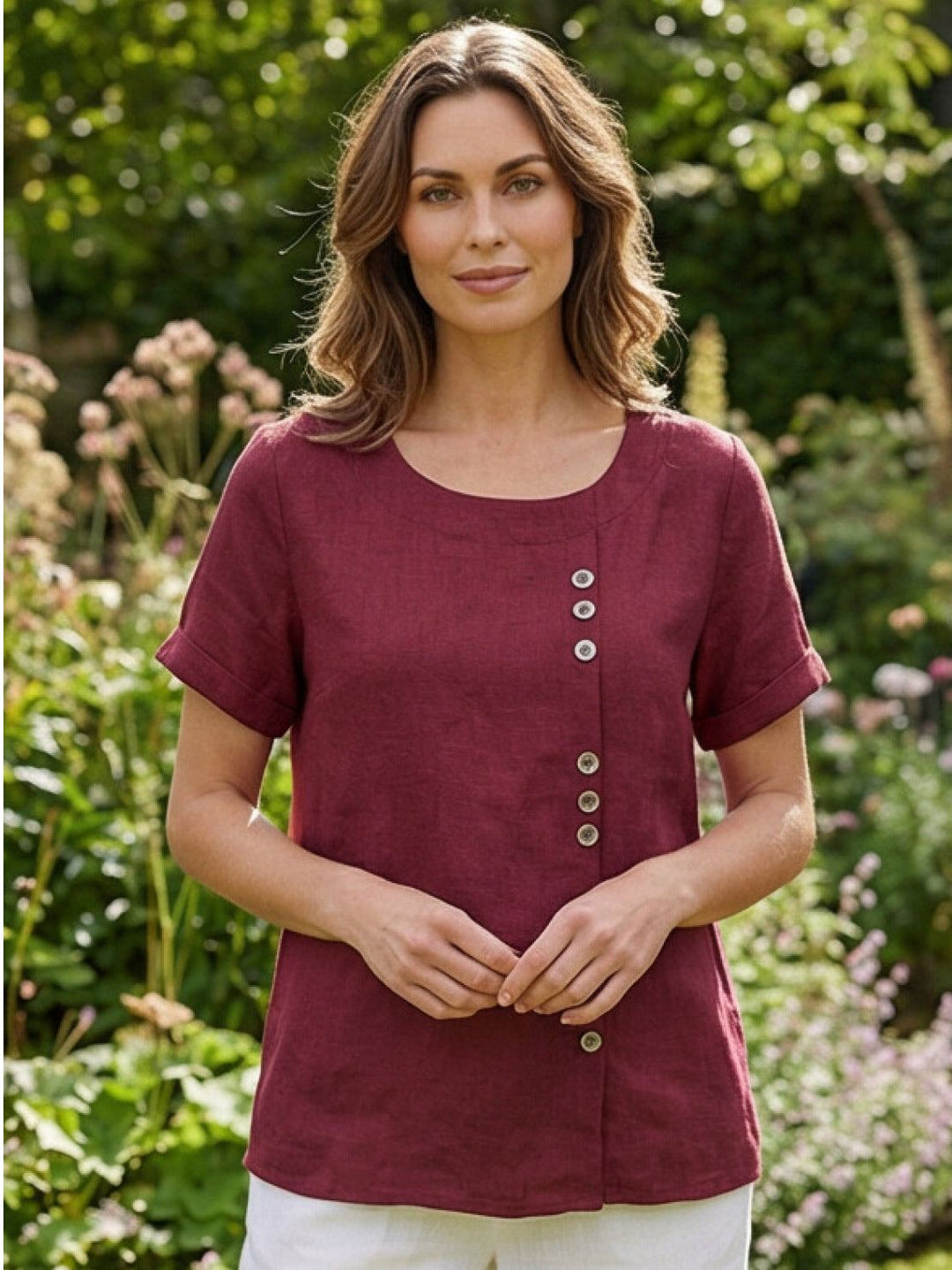 Taylor | Women’s Linen Round Neck Button Blouse