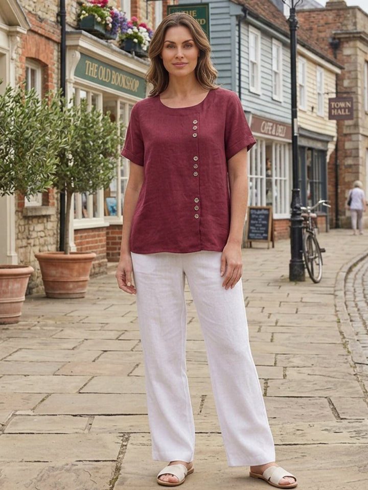 Taylor | Women’s Linen Round Neck Button Blouse