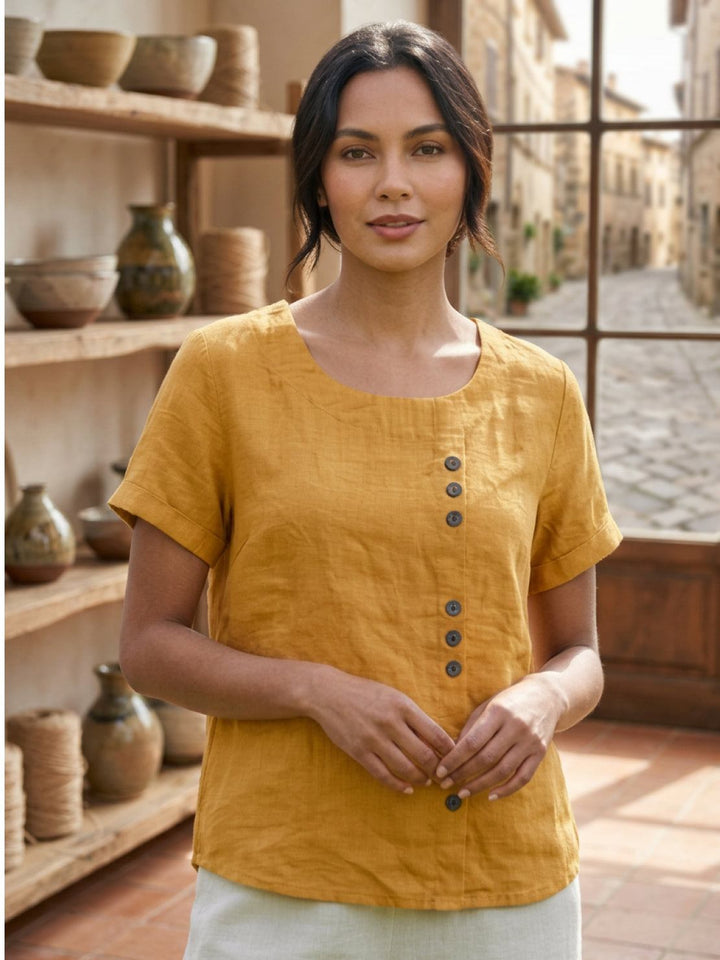 Taylor | Women’s Linen Round Neck Button Blouse
