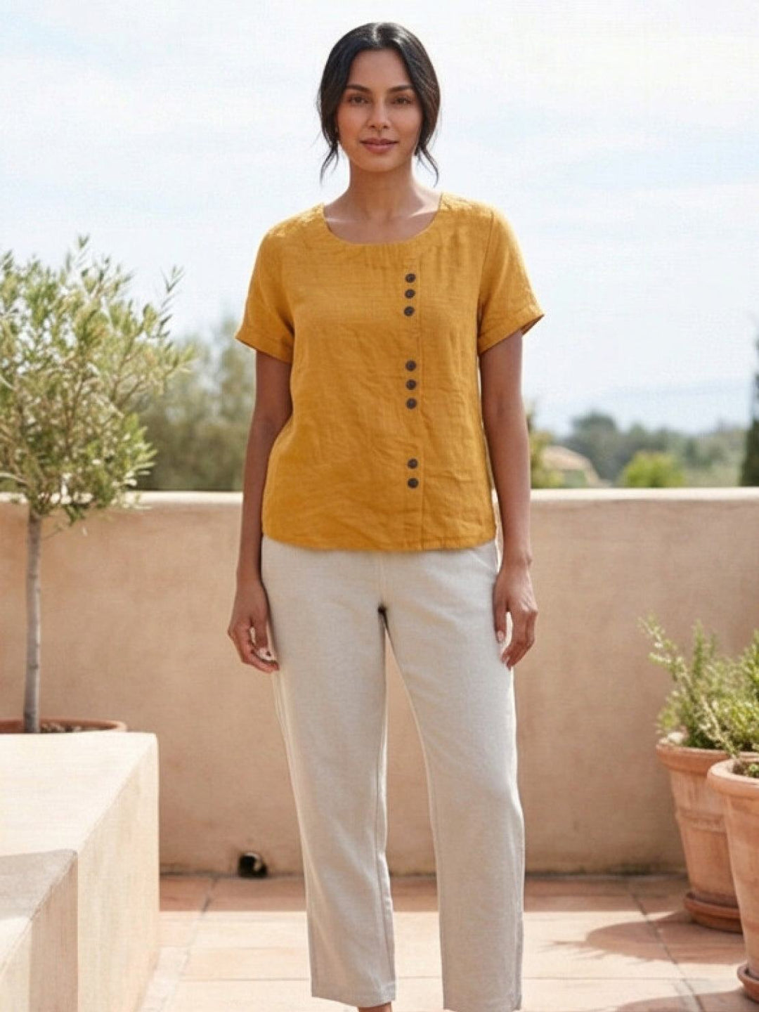Taylor | Women’s Linen Round Neck Button Blouse