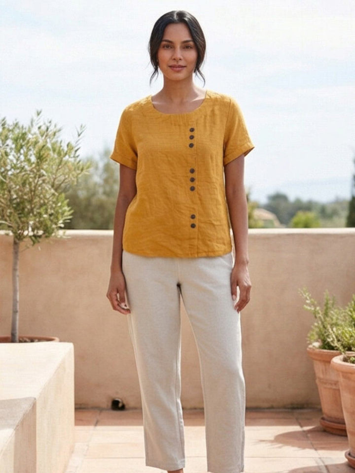 Taylor | Women’s Linen Round Neck Button Blouse