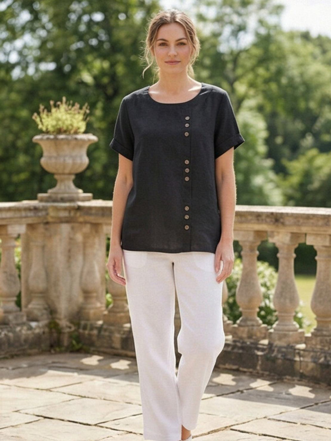 Taylor | Women’s Linen Round Neck Button Blouse