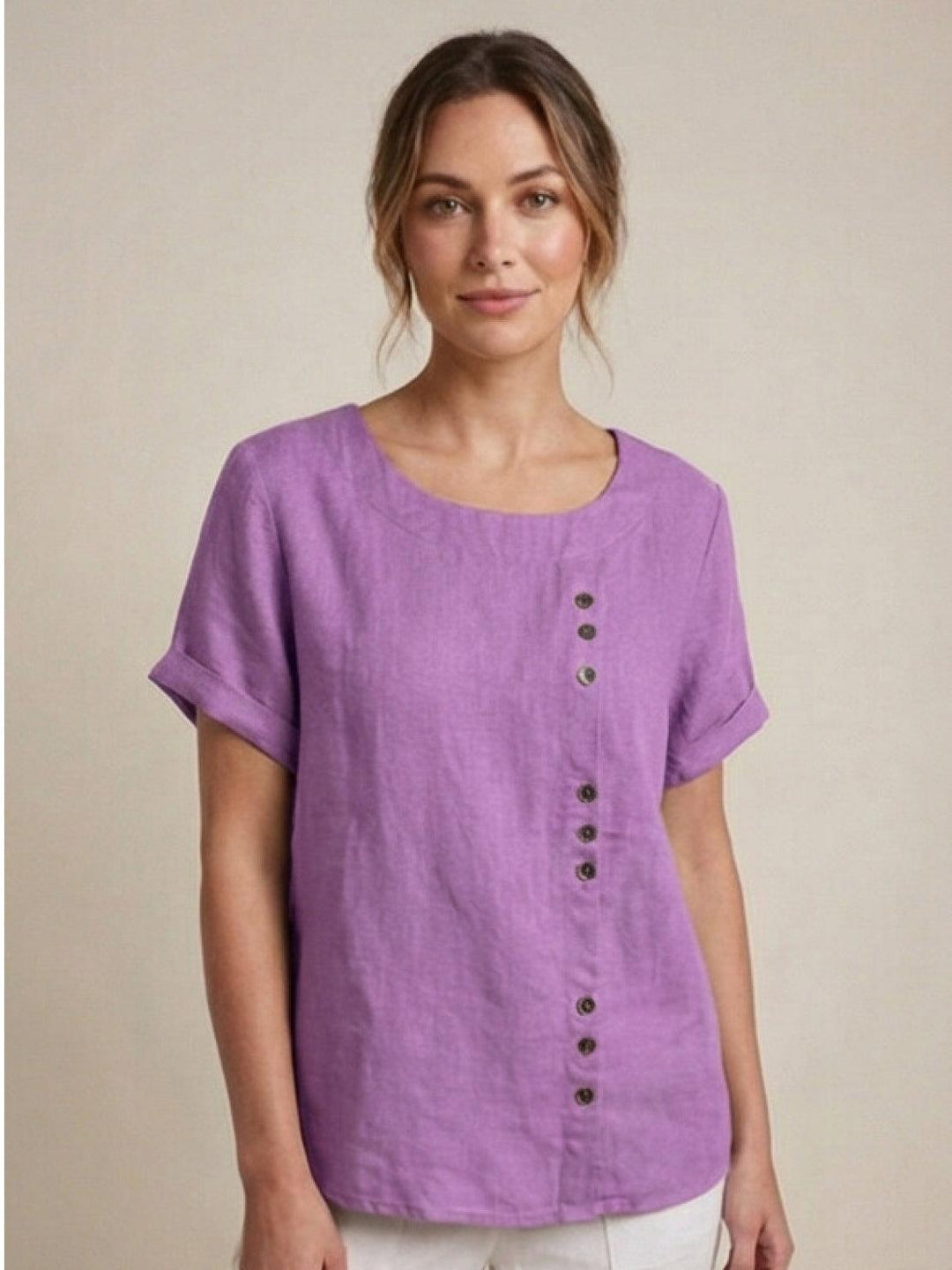Taylor | Women’s Linen Round Neck Button Blouse