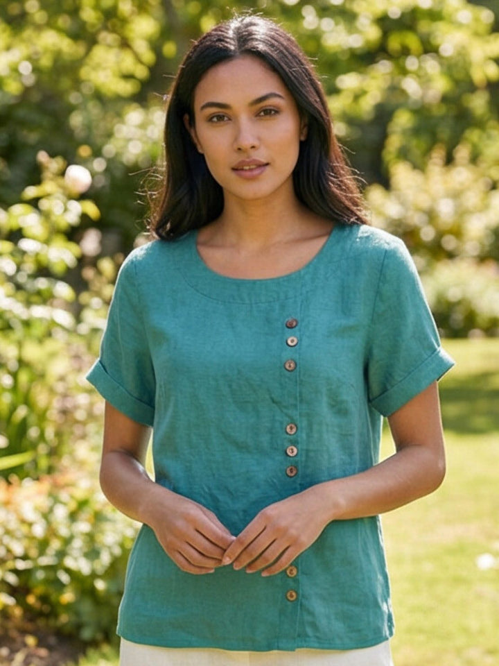 Taylor | Women’s Linen Round Neck Button Blouse