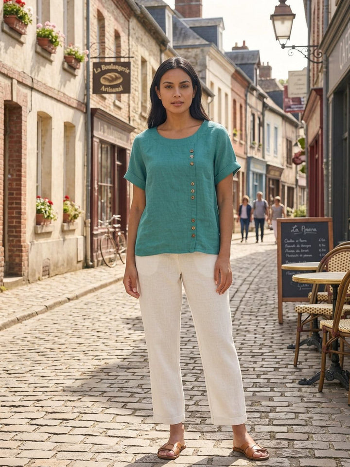Taylor | Women’s Linen Round Neck Button Blouse