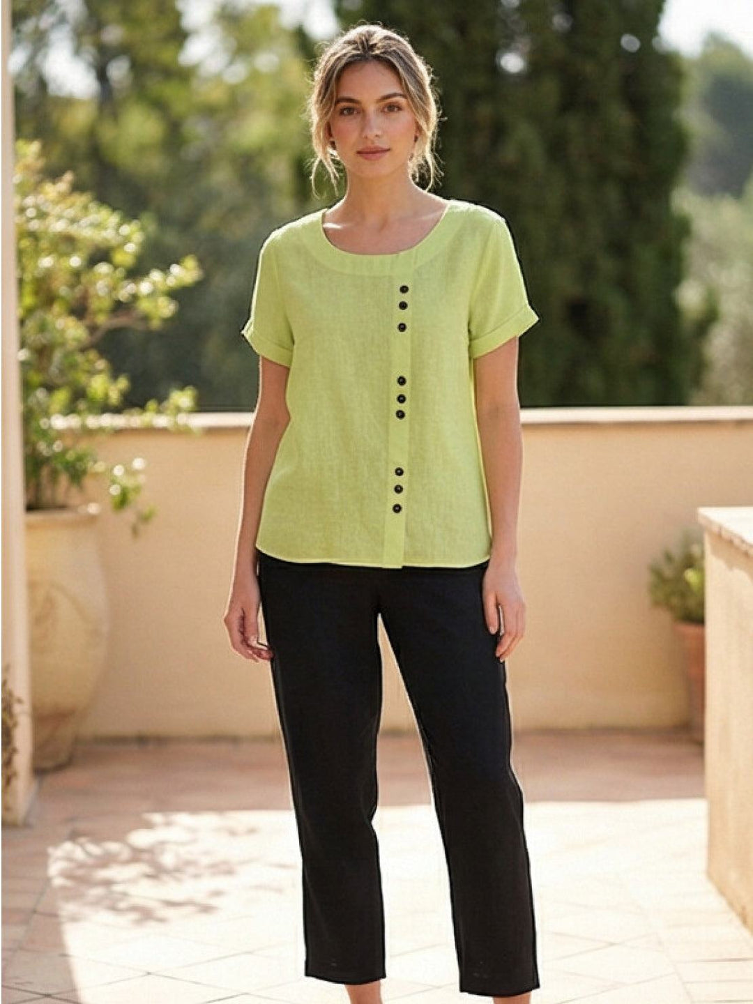 Taylor | Women’s Linen Round Neck Button Blouse